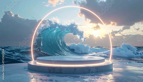 Fototapeta Naklejka Na Ścianę i Meble -  Coastal Platform with a Neon Ring Wave Background and a Dramatic Sky at Sunset