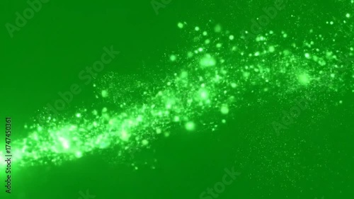 Abstract Green Energy Sparkle Trail Glowing Particles on Dark Background Science and Technology Motion Concept