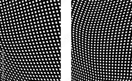 Collection of distorted black and white checkered backgrounds. Three-dimensional line art object. Wavy chess board.