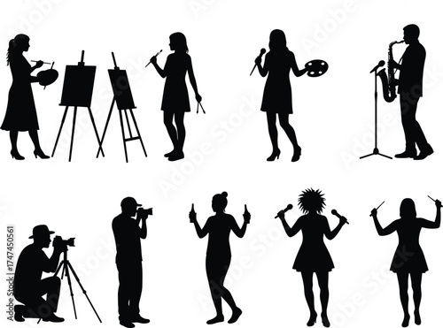 Creative artist silhouettes set, painters with easel, singers with microphones, saxophone player, photographers with camera, musicians and performers icons