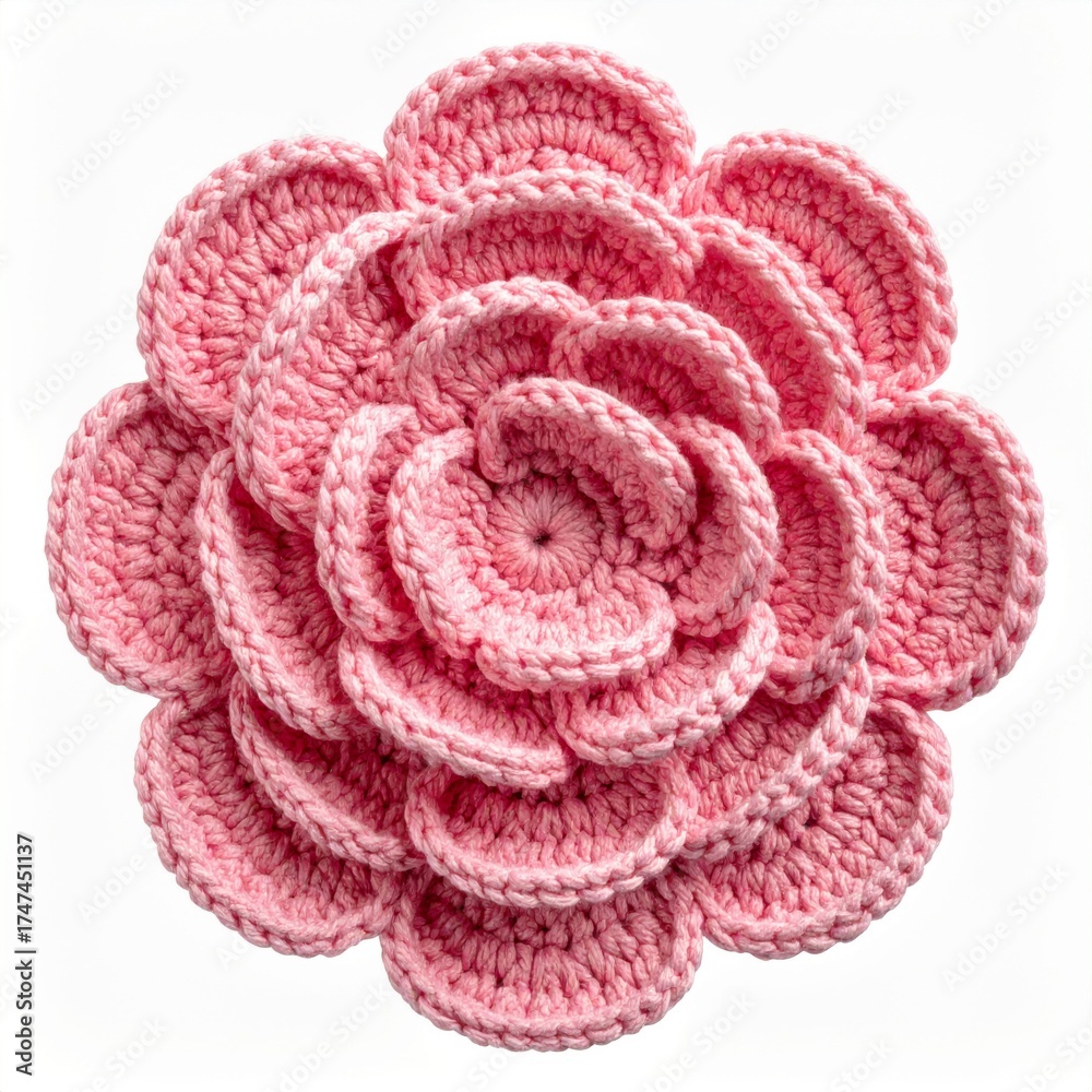 Obraz premium Delicate Pink Crocheted Flower with Intricate Petals on White Background