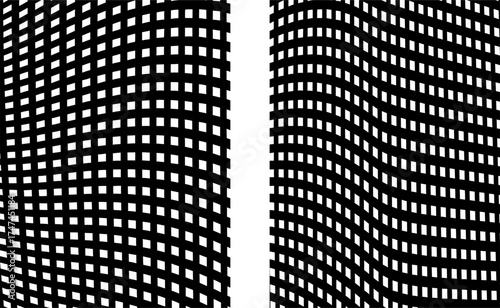 Collection of distorted black and white checkered backgrounds. Three-dimensional line art object. Wavy chess board.