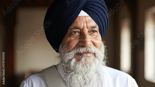 Portrait of a senior Sikh man with a white beard and dark blue turban indoors