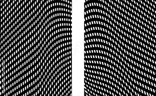 Collection of distorted black and white checkered backgrounds. Three-dimensional line art object. Wavy chess board.