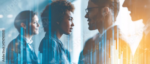 Double exposure of diverse business team collaborating over modern city skyline, corporate networking.