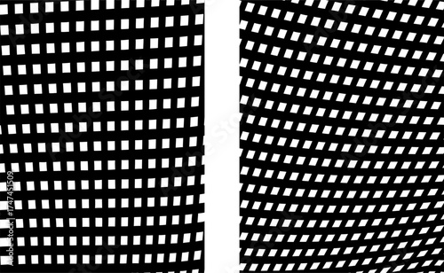 Collection of distorted black and white checkered backgrounds. Three-dimensional line art object. Wavy chess board.