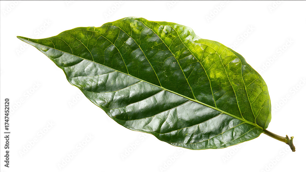 Obraz premium Vibrant and Glossy Cacao Leaf with Detailed Vein Network Isolated on White.