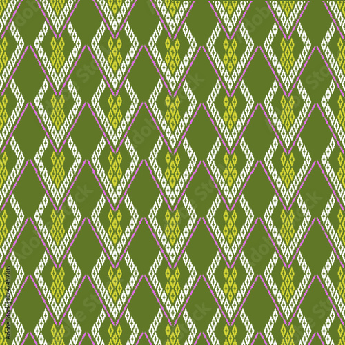 Traditional Thai-inspired textile patterns featuring geometric diamond motifs in vivid colors, symbolizing cultural artistry and elegance, perfect for modern fabric and design applications.
