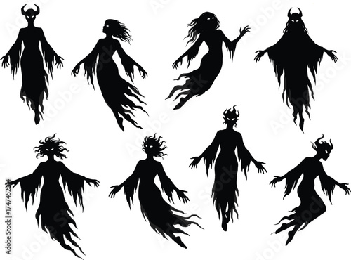 Set of dark ghost silhouettes, demon spirit figures, horror fantasy creatures, haunted shadow characters, spooky monster shapes, Halloween illustration artwork