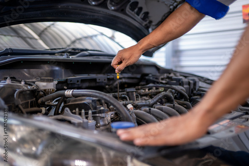 Slika na platnu Mechanic checking engine oil level in car
