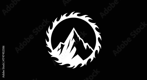 Mountain Silhouette Inside a Saw Blade on a Black Background for Woodworking or Lumber Industry