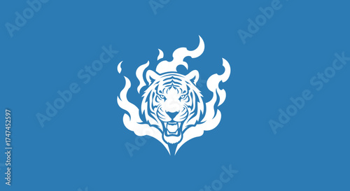 Fierce white tiger roaring with flames isolated on blue background, illustration for logo, emblem, or graphic design purposes