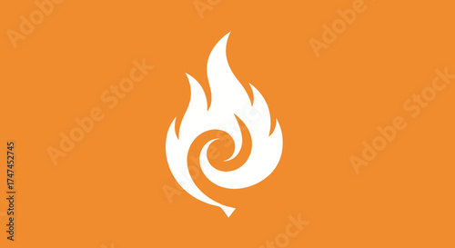 White stylized flame graphic on orange, isolated, symbolizing energy, warmth. Use for logos, icons, or backgrounds