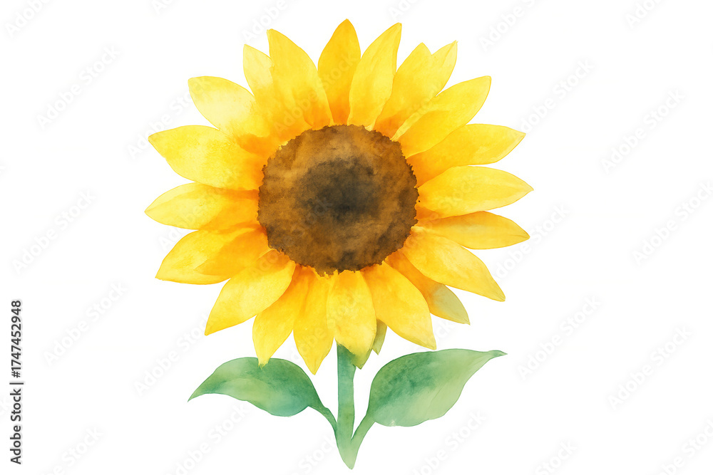 Fototapeta premium Sunflower watercolor painting illustrating bright yellow flower head with green leaves and transparent background