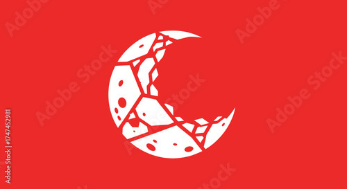 A shattered crescent moon illustration on a red background, useful for illustrating themes of destruction