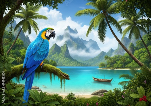 Blue and yellow macaw parrot perched on a branch in a tropical paradise isolated on white background