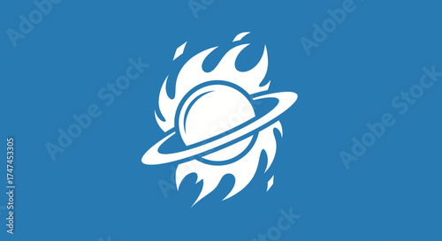 Stylized planet aflame on blue for cosmic themes, science fiction ideas, or to depict universal destruction and change