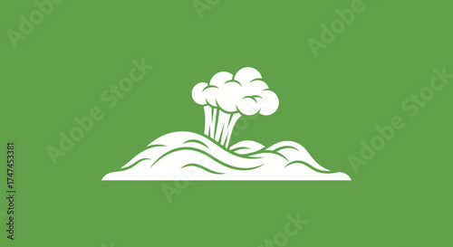Geyser erupts from a hill in a green field, for use in nature themed website and illustrations