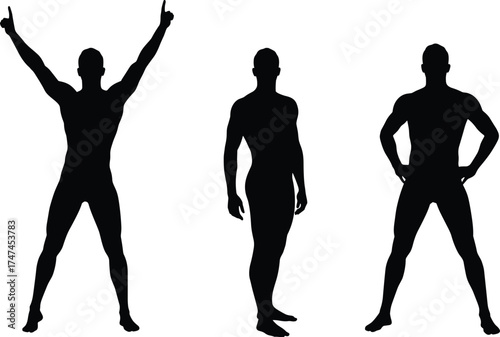 Silhouette of muscular man standing, posing with arms raised, hands on hips, body shape outline, fitness male figure isolated black