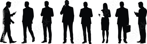 Business people silhouette collection of men and women professionals in office poses, walking, talking, phone call, briefcase vector illustration