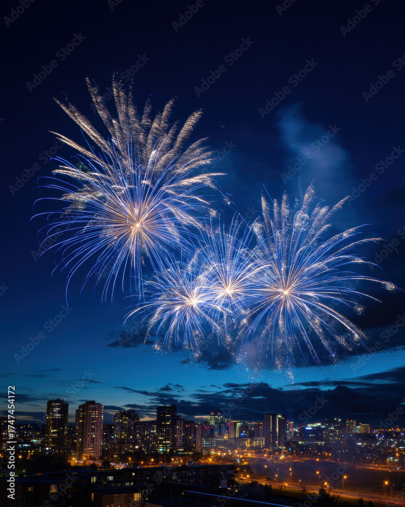 Fototapeta premium Fireworks display lighting up night sky above vibrant city skyline with illuminated buildings and streets