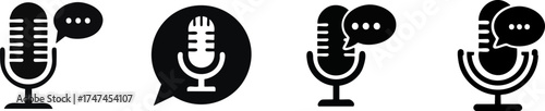 Four microphone icons featuring speech bubbles, symbolizing communication, podcasting, and audio discussions.