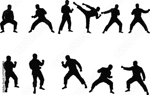 Martial arts silhouette collection of men fighting, kicking, and training in combat poses, karate, kung fu, taekwondo stances vector illustration