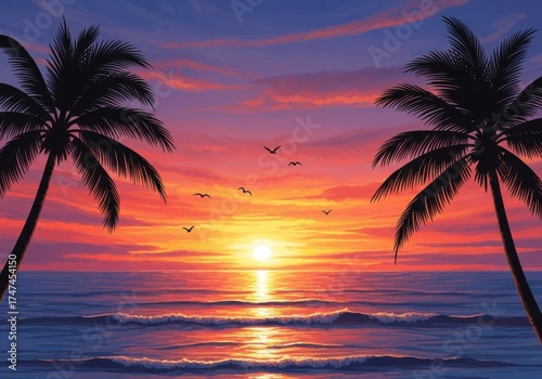 Tropical sunset with palm trees over ocean isolated on white background