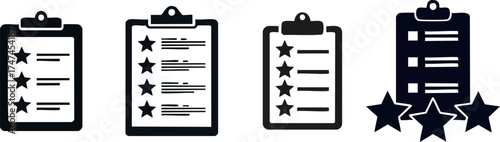 Four clipboard icons with checklists and stars, representing tasks, evaluations, or reviews in a graphic format.
