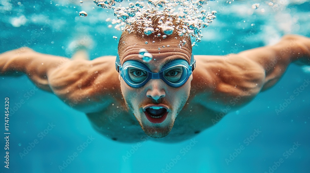 Fototapeta premium A man wearing swimming goggles is underwater, swimming forward with arms extended and bubbles rising around his head.