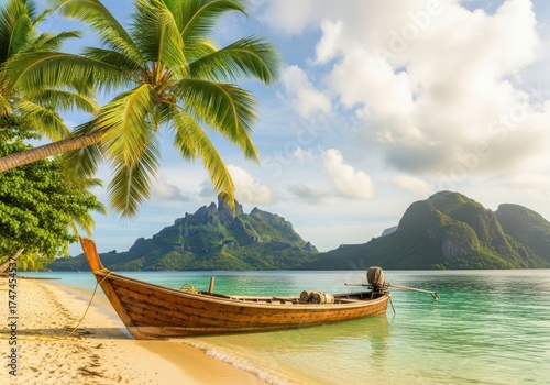 Traditional longtail boat on a tropical beach isolated on white background
