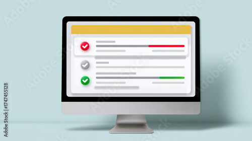 Digital healthcare checklist on computer screen showing task report with status icons. online form evaluation shows progress for compliance and successful results