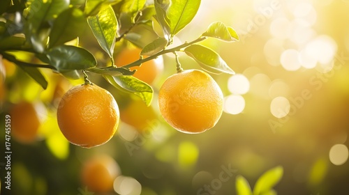 Ripe oranges hanging from a tree branch in warm sunlight