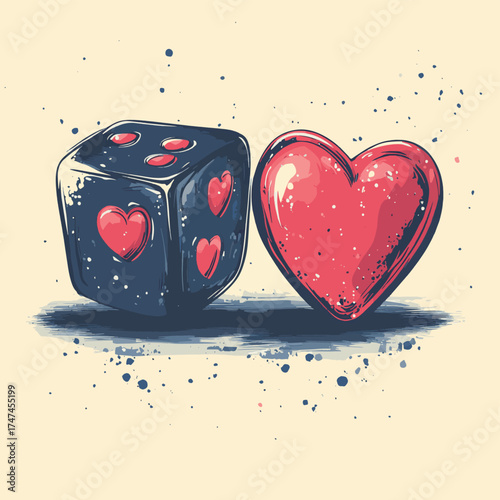 Two dices with hearts . Concept Valentine's day. Vector in hand drawn , vector style simple color