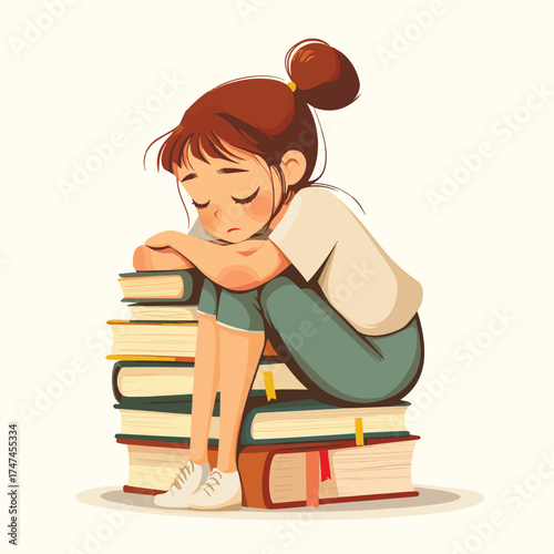 Tired School Girl with Stack of Books. Academic Burnout Scene , vector style simple color