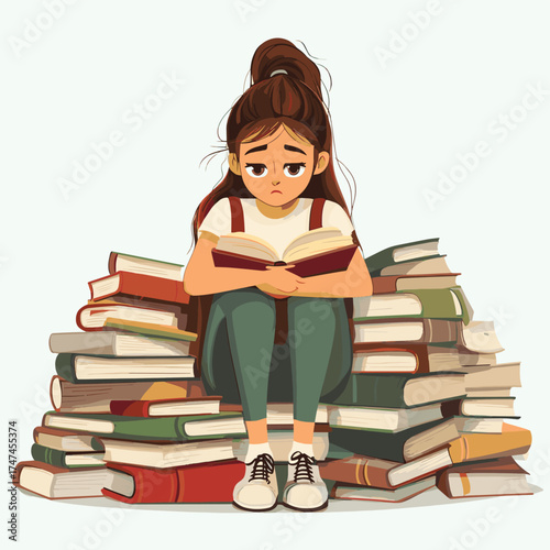 Tired School Girl with Stack of Books. Academic Burnout Scene , vector style simple color