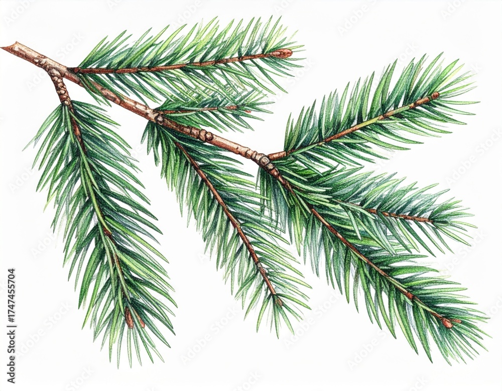 Naklejka premium Watercolor Painting of a Vibrant Green Spruce Branch with Needles on White Background