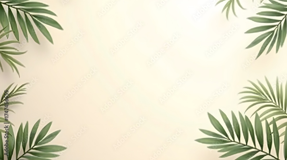 Fototapeta premium Serene tropical palm leaves frame a warm, inviting empty space perfect for text and design elements in a bright, airy setting