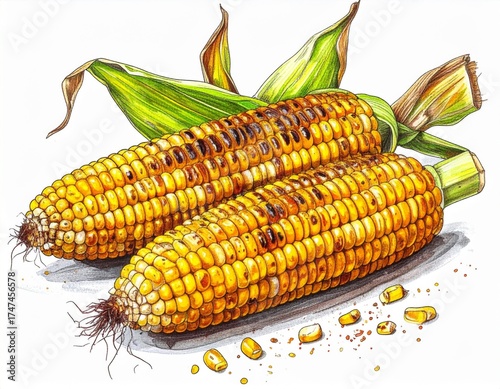 Two Grilled Corn on the Cob with Green Leaves on White Background