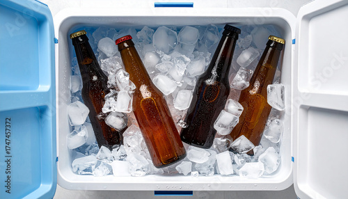 Top-down flat lay looking directly into an open cooler filled with ice and unbranded craft beer bottles