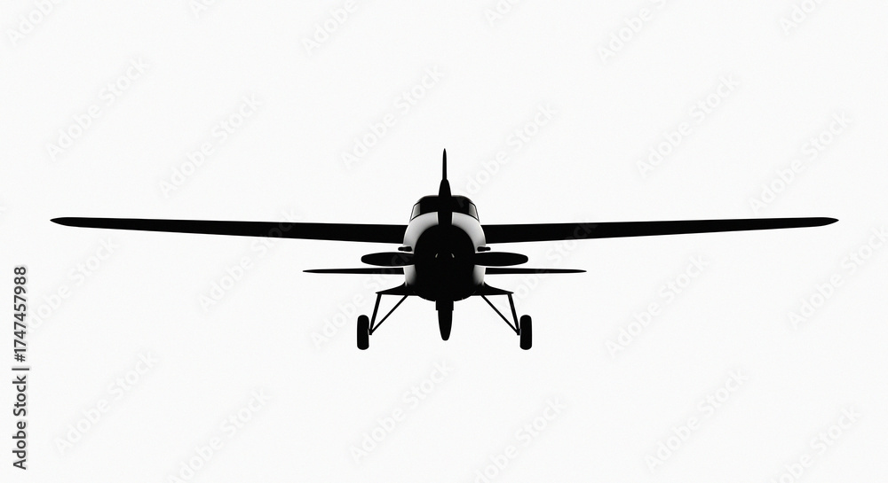 Fototapeta premium Front view of a silhouetted airplane with visible wings and landing gear against white background