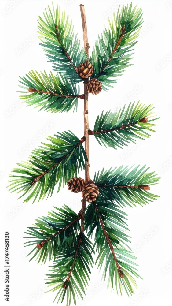 Naklejka premium Coniferous Branch with Green Needles and Brown Cones on White Background