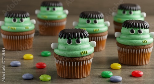 Halloween Frankenstein Monster Cupcakes with Green Frosting and Edible Decorations