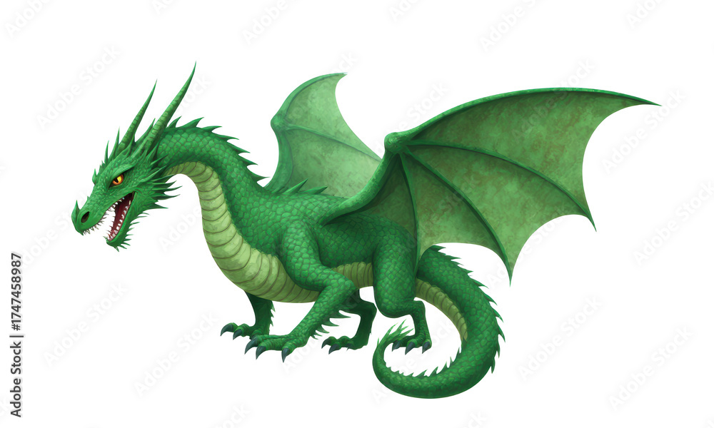 Fototapeta premium Fierce Green Dragon with Wings Spread on White Background
