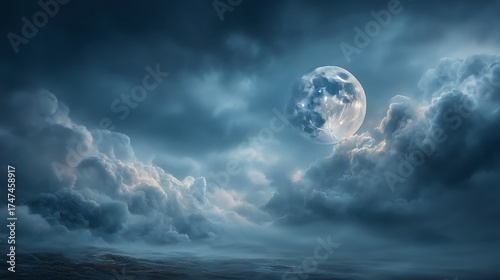 Minimal Halloween Backdrop with Full Moon and Partially Cloudy Sky