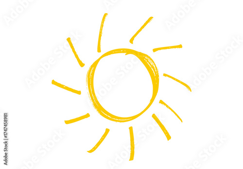 Hand-Drawn Yellow Sun Icon – Doodle Sunshine Symbol Isolated on White Background, Summer Warmth Vector Illustration