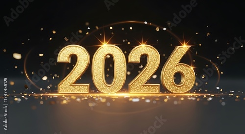 Golden 2026 Numbers with Sparkling Lights and Bokeh Effects.