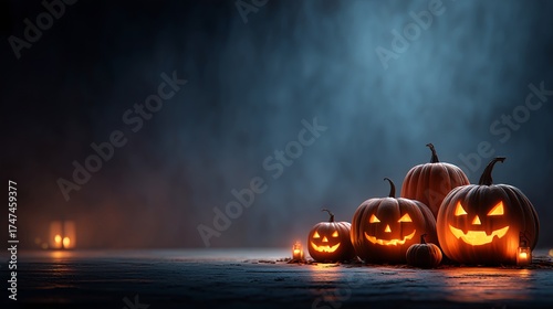 Spooky Clean Background with Carved Pumpkins for Halloween Decor