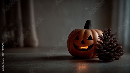 Glowing Jack-o'-Lantern with Pinecone in Minimalistic Scene