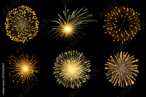 Golden Firework Burst Collection – Festive Celebration Pack, Set of Glowing Fireworks – Gold Sparkle Explosion Overlays, Festive Gold Firework Shapes – Variety Burst Pack on Black